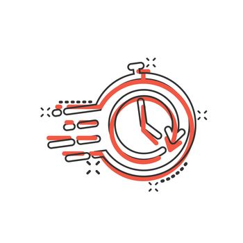 Recovery icon in comic style. Repeat clock cartoon vector illustration on white isolated background. Rotation time splash effect business concept.
