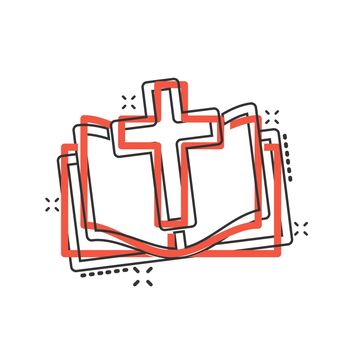 Bible book icon in comic style. Church faith cartoon vector illustration on white isolated background. Spirituality splash effect business concept.