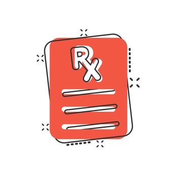 Prescription icon in comic style. Rx document cartoon vector illustration on white isolated background. Paper splash effect business concept.