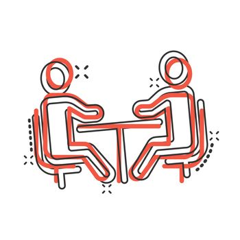 People with table icon in comic style. Teamwork conference cartoon