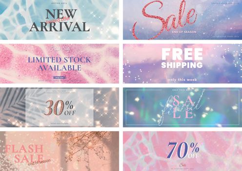 Shop sale banner template vector glitter set for social media ad