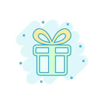 Gift box icon in comic style. Present package vector cartoon illustration on white isolated background. Surprise business concept splash effect.