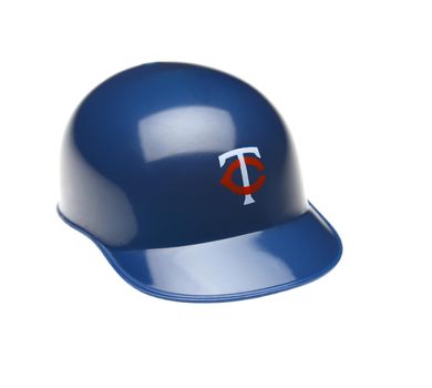 Closeup of a mini collectable batters helmet for the Minnesota Twins