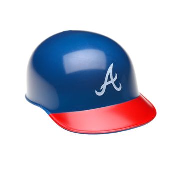 Closeup of a mini collectable batters helmet for the Atlanta Braves