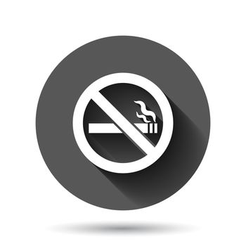 No smoking sign icon in flat style. Cigarette vector illustration on black round background with long shadow effect. Nicotine circle button business concept.