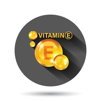 Vitamin E icon in flat style. Pill capcule vector illustration on black round background with long shadow effect. Skincare circle button business concept.