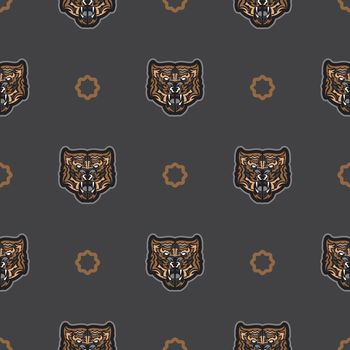 Seamless pattern with tiger face in colored boho style. Polynesian style tiger face. Good for backgrounds and prints. Vector illustration.