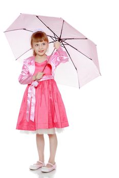 Little blond girl with a pink umbrella.