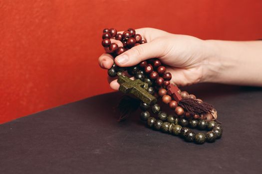 beads with orthodox cross meditation religion catholicism close-up