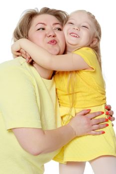 Mom and little daughter plus the size of the model, gently embra
