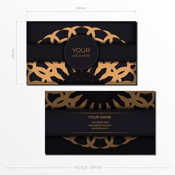 Template for print design of business cards Black color with greek luxury patterns. Vector Business card preparation with vintage ornament.