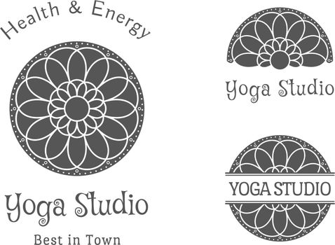 Yoga ornamental emblem set. Vector lineart logo template for relax or spa center, yoga studio, healthcare and traditional medicine