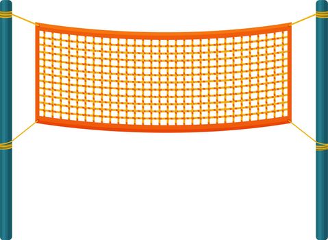 An orange volleyball net stretched between two blue poles. Grid for team sports such as volleyball badminton. Vector illustration in a flat style isolated on white background.