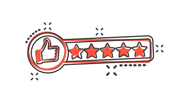 Vector cartoon customer review icon in comic style. Thumb up with stars rating sign illustration pictogram. Rating business splash effect concept.