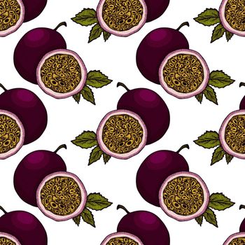 Vector hand drawn seamless pattern of passion fruits. Delicious tropical vegetarian objects. Use for restaurant, menu, smoothie bowl, market, store, party decoration, meal