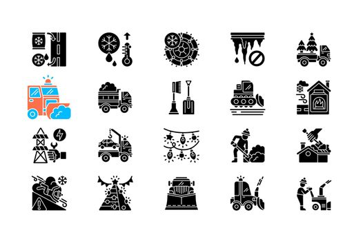 Snow removing services black glyph icons set on white space