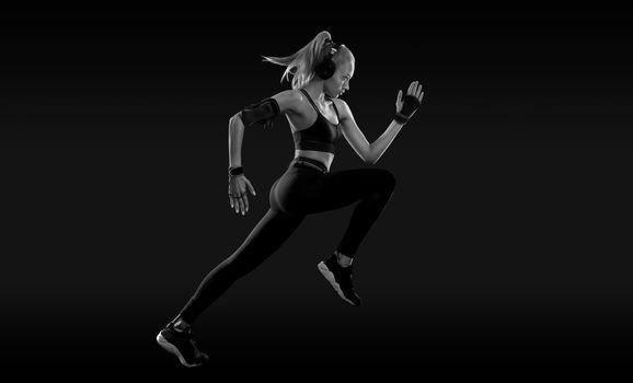 Sprinter run. Strong athletic woman running on black background wearing in the sportswear. Fitness and sport motivation. Runner concept.