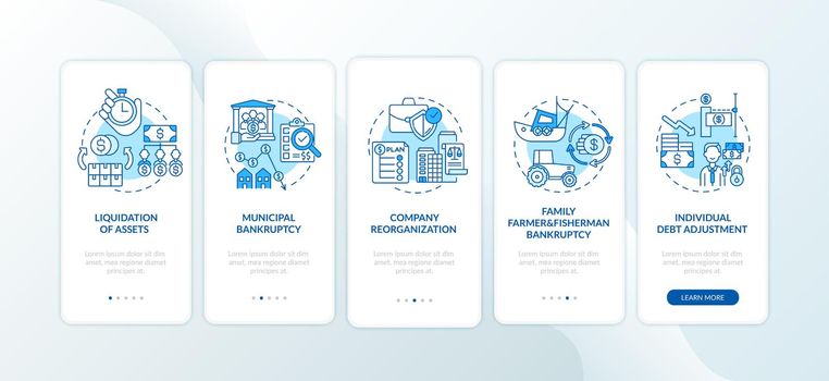 Business bankruptcy blue onboarding mobile app page screen with concepts