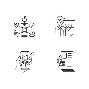 Healthcare service linear icons set. Health data collection. Anonymous question. Video appointment. Customizable thin line contour symbols. Isolated vector outline illustrations. Editable stroke