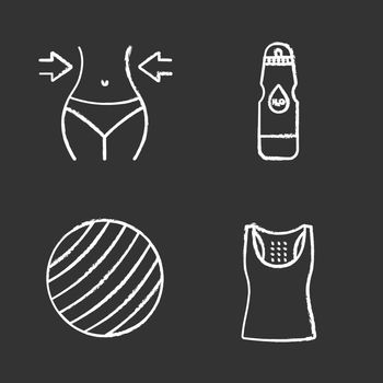 Fitness chalk icons set. Sport equipment. Weight loss, sports water bottle, fitball, tank top. Isolated vector chalkboard illustrations