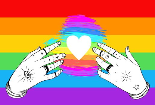 Rainbow colored heart with open hands. Gay Pride. LGBT concept. Realistic style vector colorful illustration. T-shirt print, logo design.