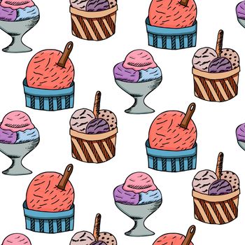 Hand drawn seamless pattern of Ice cream in sketch style. Dessert isolated on white background.