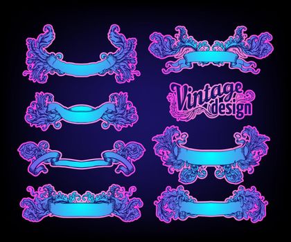 Vintage design elements set. Ribbons in bright neon colors. Vector illustration. 1980s style. Ornate vector decoration. Luxury, royal and Victorian concept design.