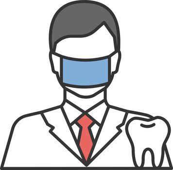 Dentist color icon. Dental specialist. Stomatologist. Man in surgical face mask with tooth. Isolated vector illustration