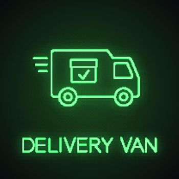 Delivery van with checkmark neon light icon