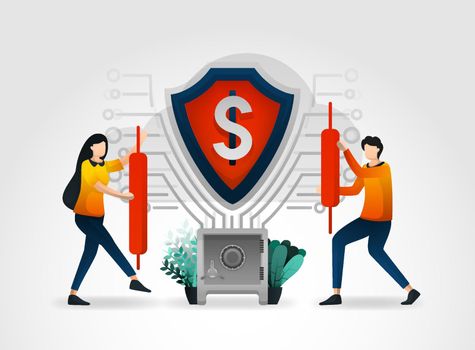 flat cartoon character. shield safeguard financial data and customer transaction database for bank. banking provides professional security services for all financial guard services and global security