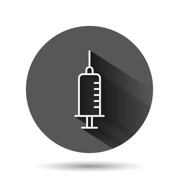 Syringe icon in flat style. Inject needle vector illustration on black round background with long shadow effect. Drug dose circle button business concept.