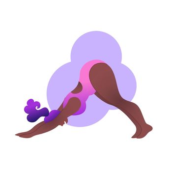 Plus size black curvy lady doing yoga class. Vector illustration isolated on white. Body positive. Attractive African American woman. Downward facing dog asana or Adho mukha svanasana.