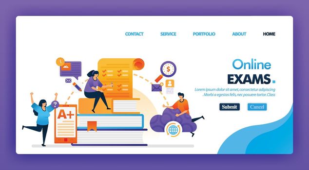 People take online exam concept design for landing pages. flat cartoon character take exam and get A plus results with a internet or cloud storage. can use for homepage, website, web, mobile apps, poster