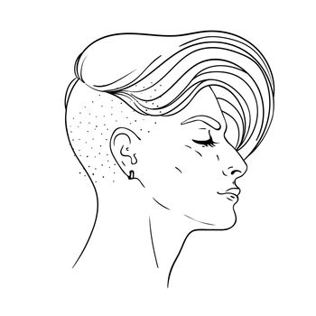 Portrait of a young pretty woman with side shaved hair. Vector illustration isolated. Hand drawn art of a boyish looking girl. Modern street subculture haircut for woman.