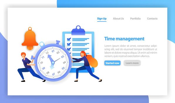vector flat illustration for web, banner, landing page, mobile. save time, stopwatch on white background, time management in business, time is money, quick reaction, reminder, alarm clock, schedule.