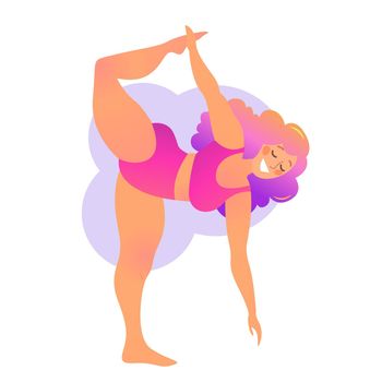 Plus size curvy lady doing yoga class. Vector illustration isolated on white. Online home workout concept. Bodypositive. Natarajasana or Lord of the Dance Pose