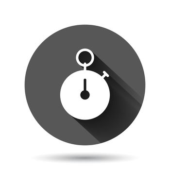 Clock icon in flat style. Watch vector illustration on black round background with long shadow effect. Timer circle button business concept.