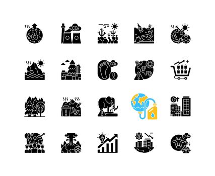 Global warming black glyph icons set on white space