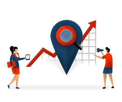 Business and promotion of vector illustration. location determines right keyword. determine keywords based on location. Good and targeted SEO. internet marketing online. SEO logo. flat character style