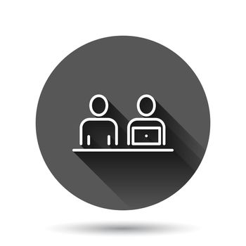 People with laptop computer icon in flat style. Pc user vector illustration on black round background with long shadow effect. Office manager circle button business concept.