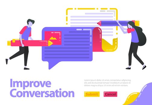 Illustration improve conversation. People who are writing opinions can ballon chat. Improve and update opinions and information. Flat vector concept for Landing page, website, mobile, apps ui, banner