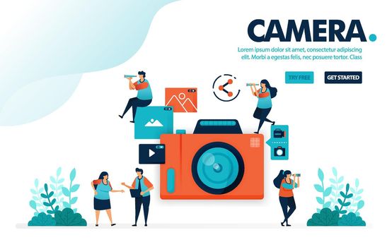 Vector illustration camera. People take picture with camera. Video and photo sharing on social media. Photography for posting. Designed for landing page, web, banner, mobile, template, flyer, poster