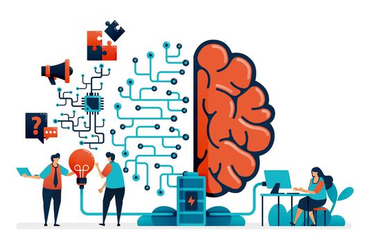 Artificial intelligence for problem solving. Artificial brain network system. Intelligence technology for question n answer, ideas, completing task, promotion. Business card, banner, brochure, flyer