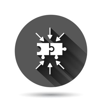 Puzzle jigsaw icon in flat style. Solution compatible vector illustration on black round background with long shadow effect. Combination circle button business concept.