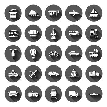 Transport icon set in flat style. Car vector collection illustration on black round background with long shadow effect. Shipping transportation circle button business concept.