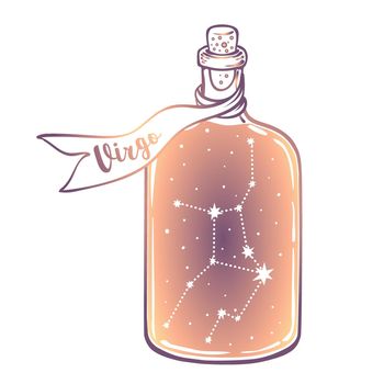 Glass Bottle with zodiac Virgo constellation inside. Vector ink illustration. Doodle style sketch, Color gradient isolated.