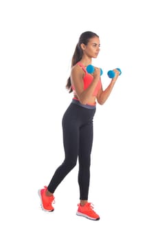 Sport fitness woman standing in full body. Fitness girl standing holding dumbbell hand weights isolated on white background in studio.