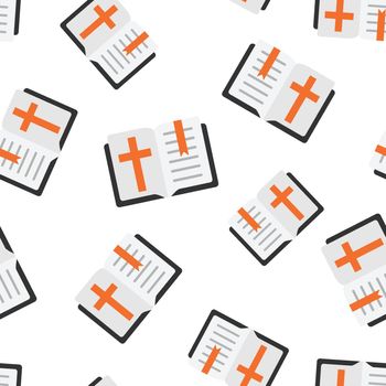 Bible book icon in flat style. Church faith vector illustration on white isolated background. Spirituality seamless pattern business concept.