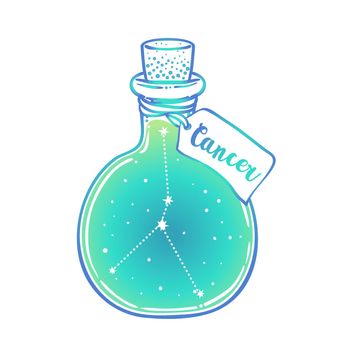 Glass Bottle with zodiac Cancer constellation inside. Vector ink illustration. Doodle style sketch, Color gradient isolated.