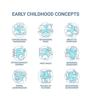 Early childhood development turquoise concept icons set